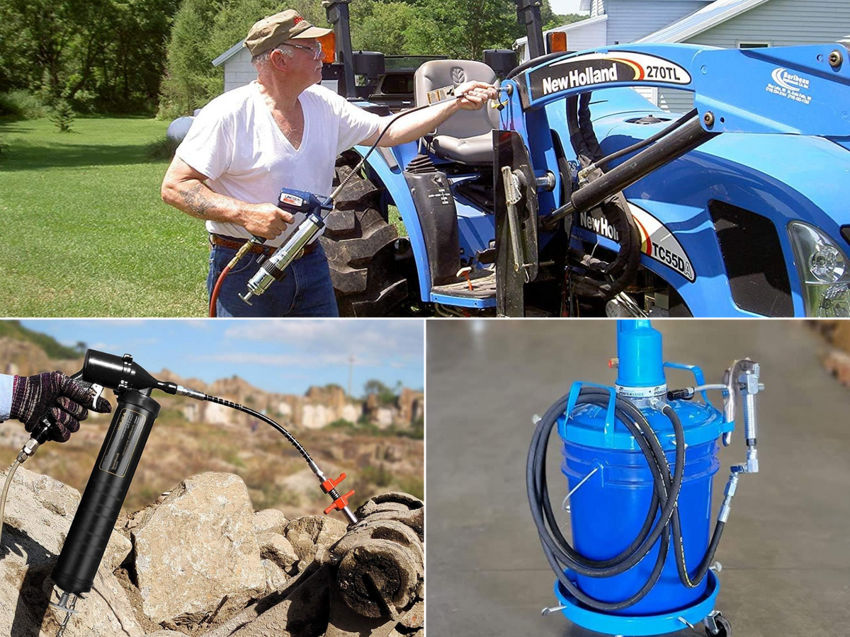 A man greasing a tractor, a 5 gallon bucket of grease with an air discharge, and a man lubing a piece of equipment.