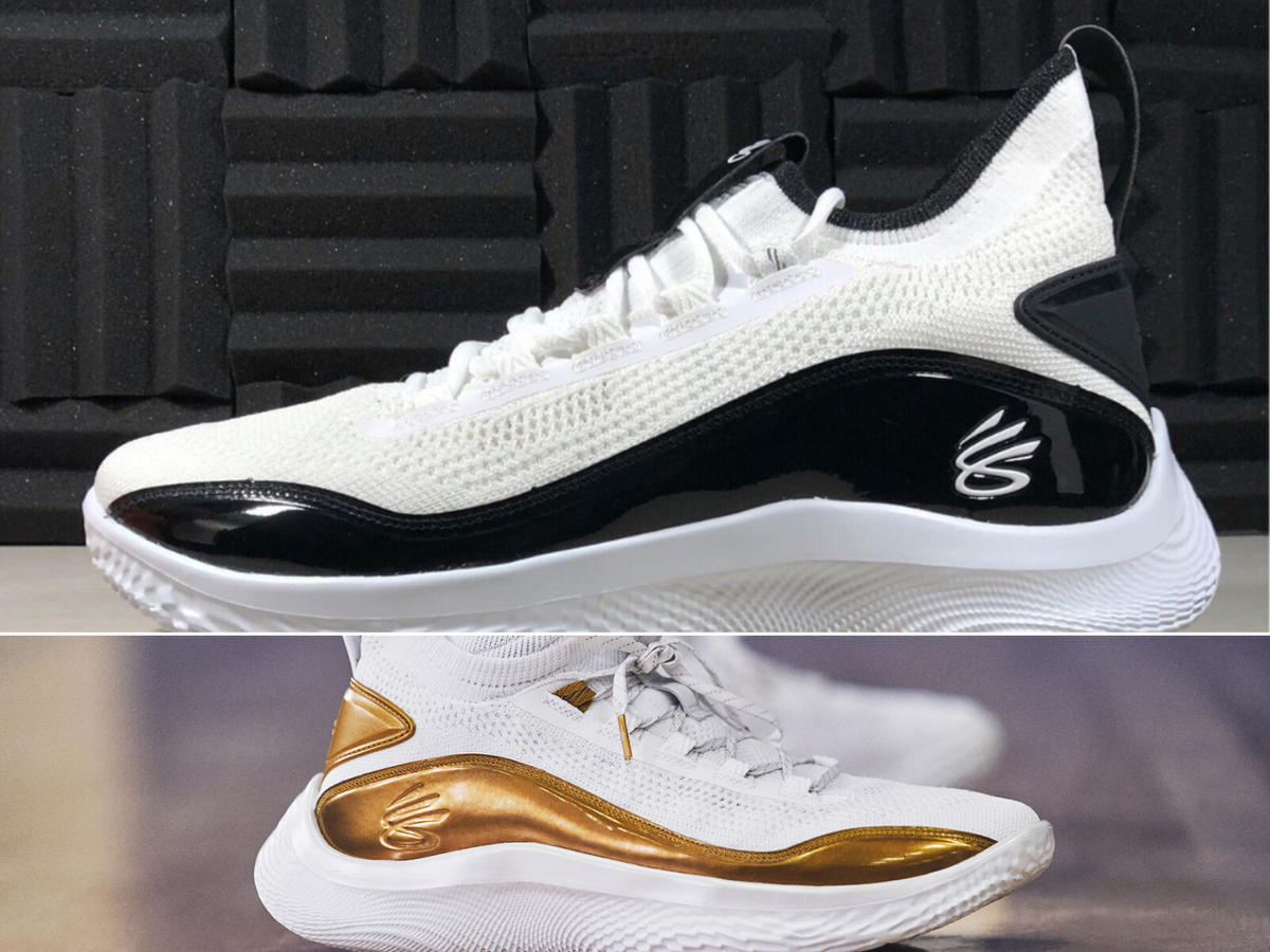 A black and white Curry, and a gold and white Curry basketball shoe.