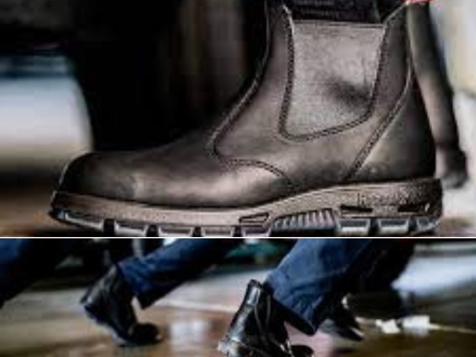 An up close of a Redback boot and 2 men wearing Redback boots pushing a car.