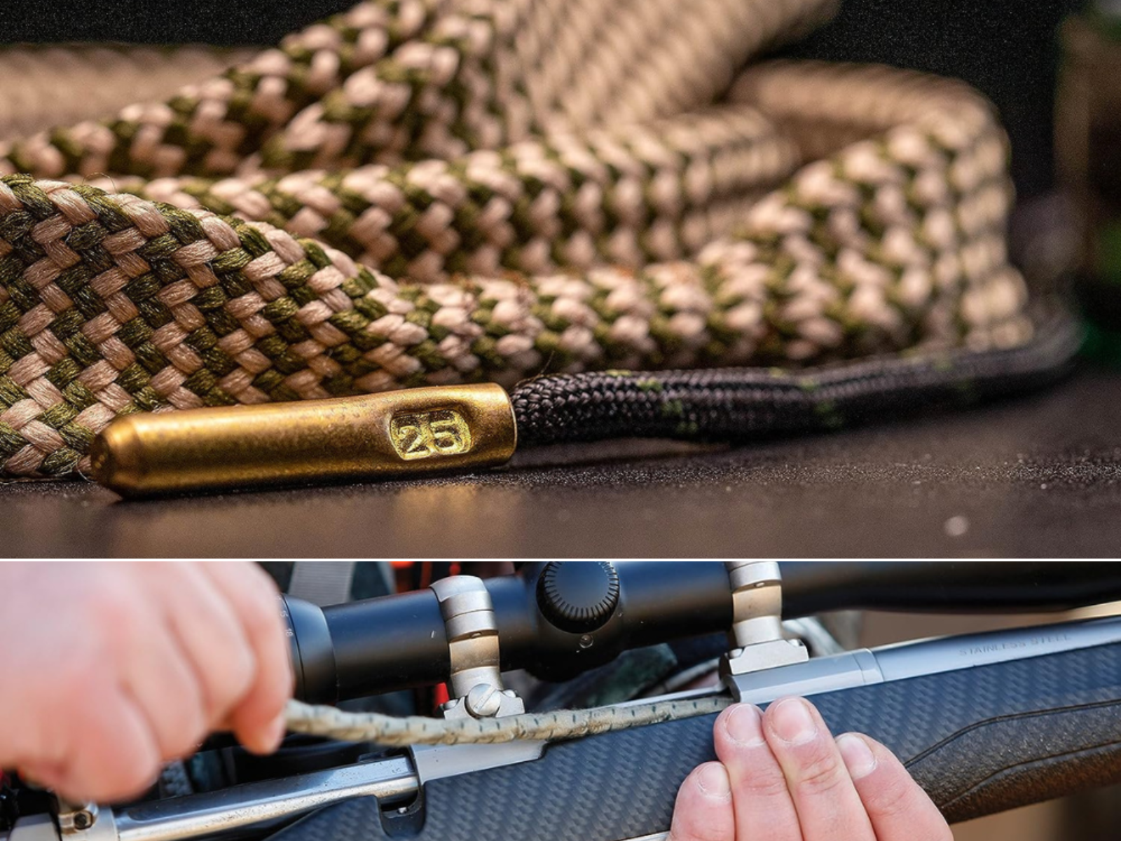 A bore snake on a bench and a man using a Ripcord on his stainless steel rifle.