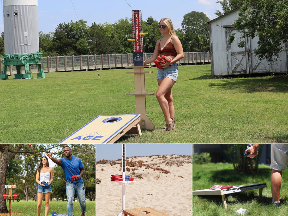 A woman standing next to a scoreboard, a man and woman playing, a scoreboard and cornhole board on a beach.