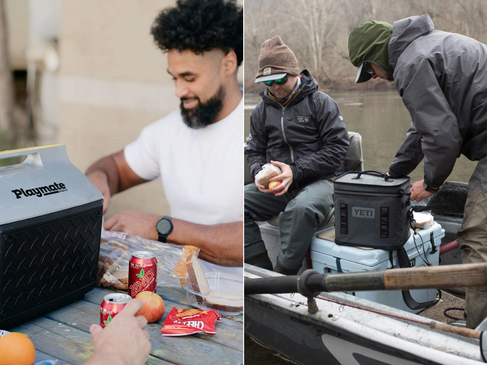 A man eating at a picnic table with his small ice chest, and two men fishing in a boat with a small cooler.