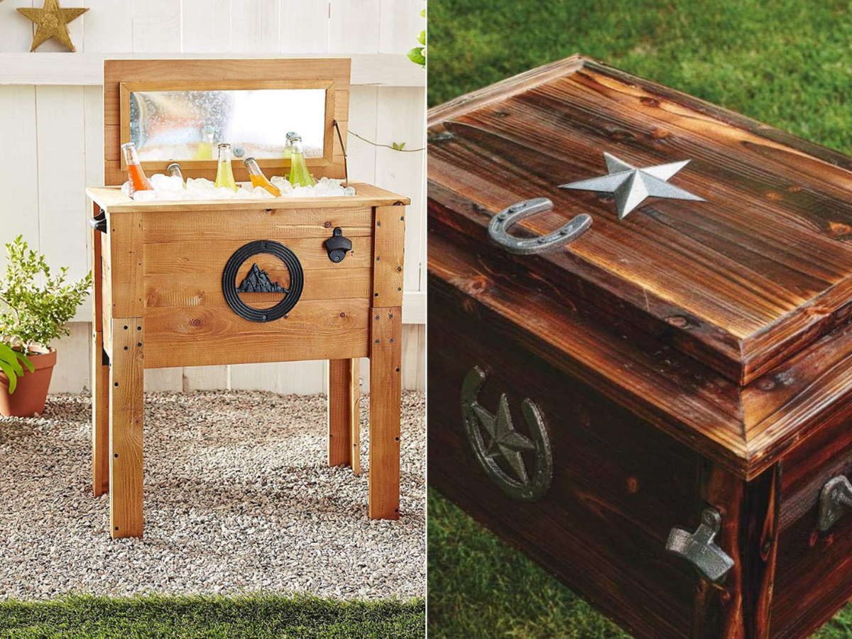 A wooden ice chest in a rock garden, another ice chest in a yard.