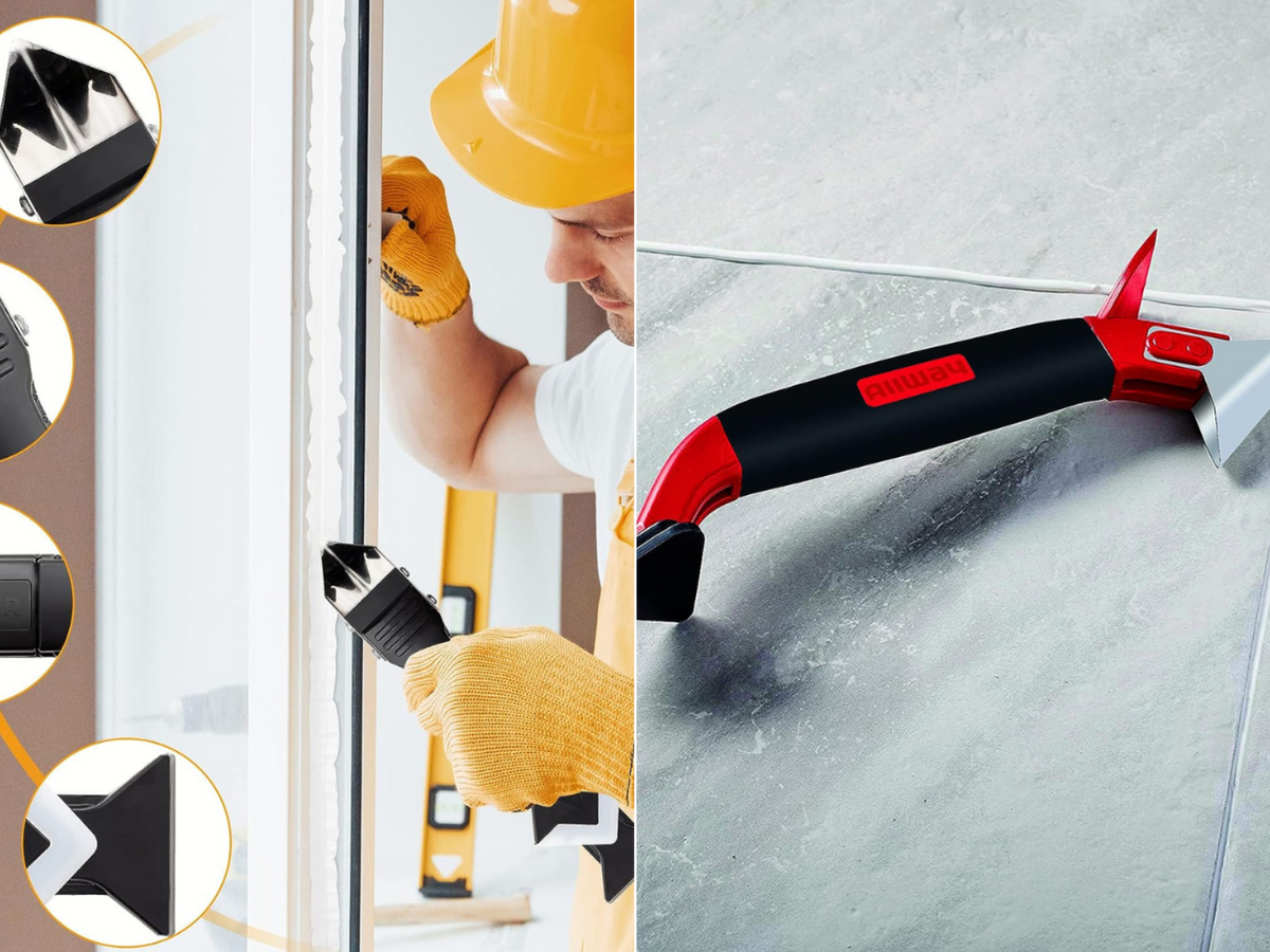 A man using a caulking tool and a caulking tool lying on a tile floor