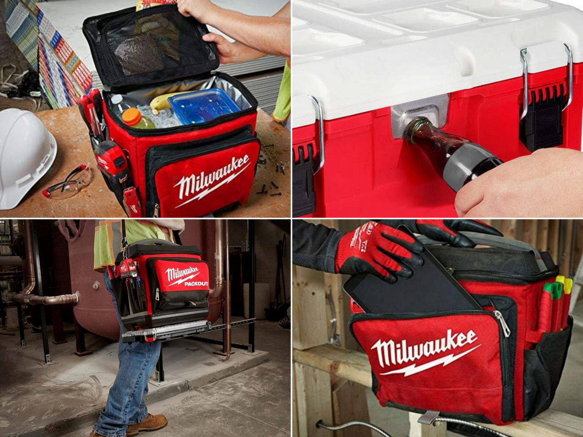 A man carrying a Pacfkout, a Packout on a table showing lunch and a hard hat, the zipper pouch and built in bottle opener.