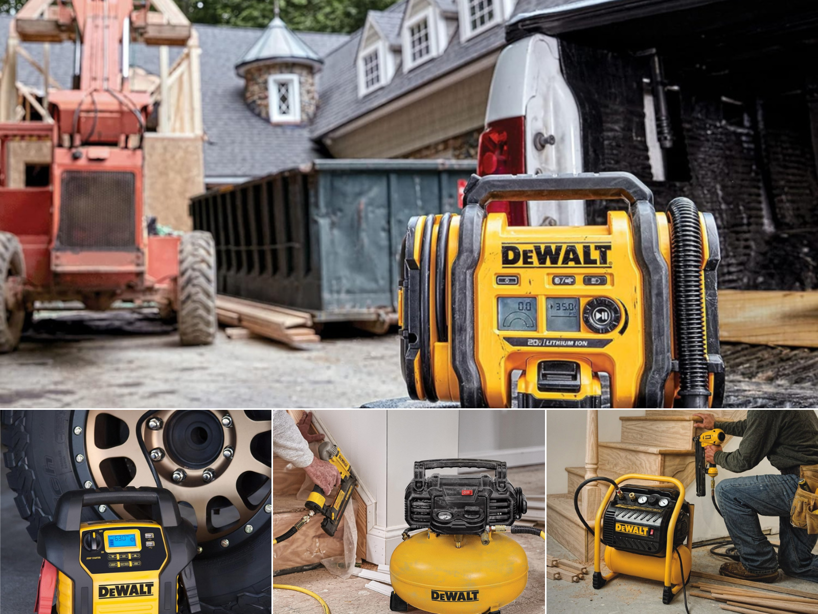 DeWalt air compressor running nail gun, a brad nailer, airing a tire and on the jobsite.