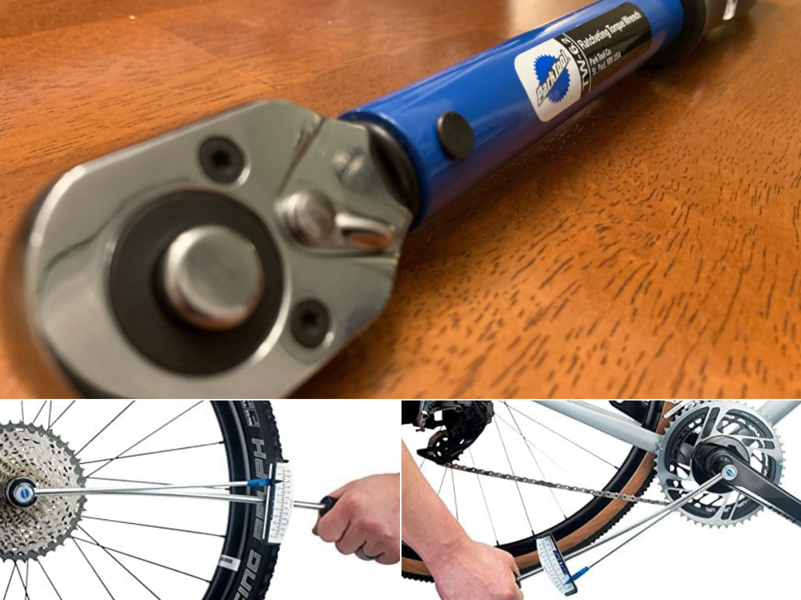 A click style laying on a wood table, the flex/needle type is being used on a front and rear sprocket on a bicycle.