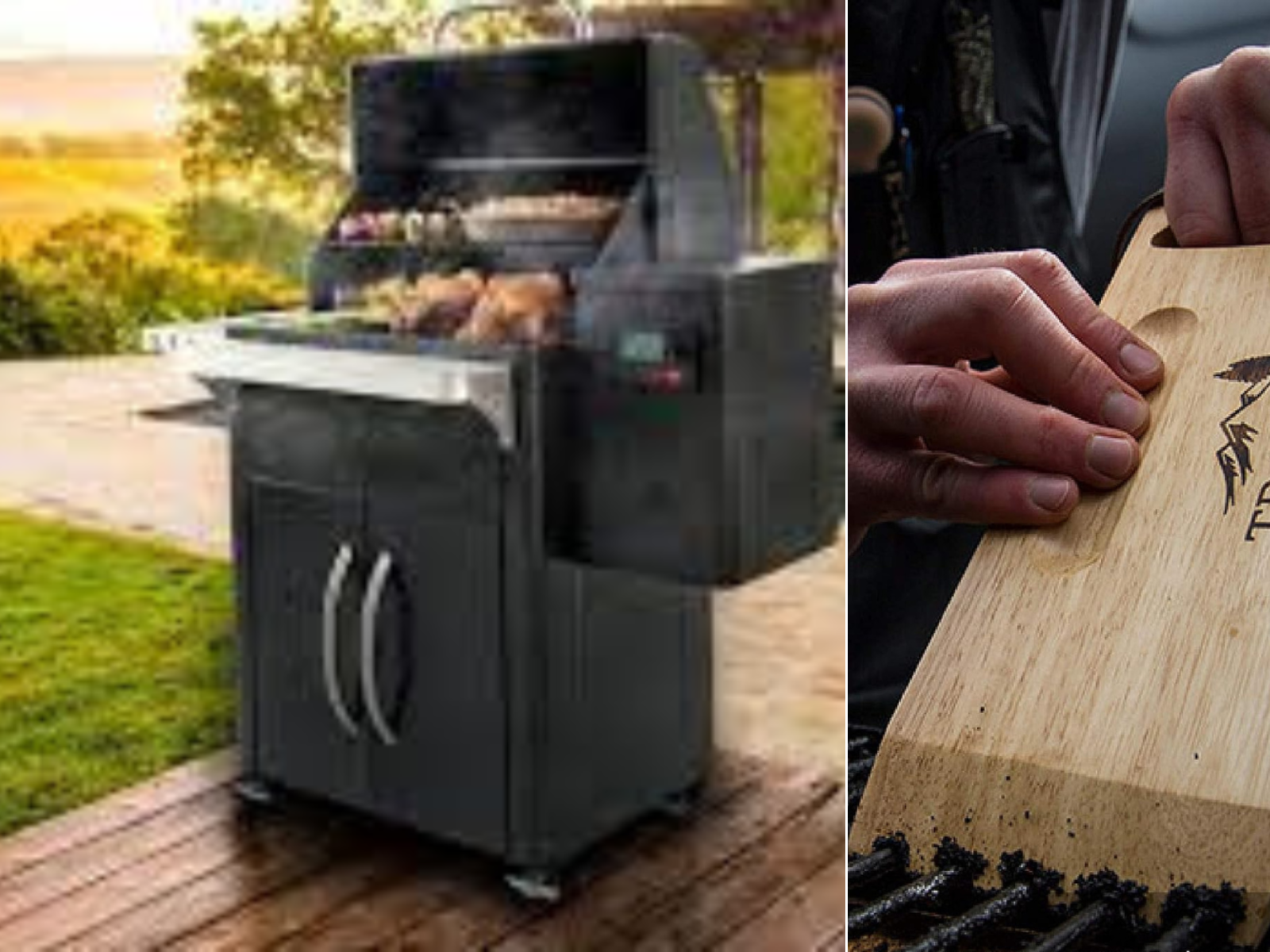 A Traeger 620 on a wooden patio, and a man using the wooden grill scraper.