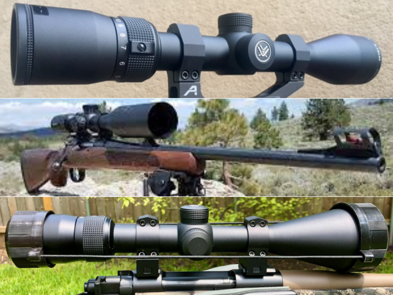 3 different pictures of Vortex Diamondback scopes mounted on rifles.