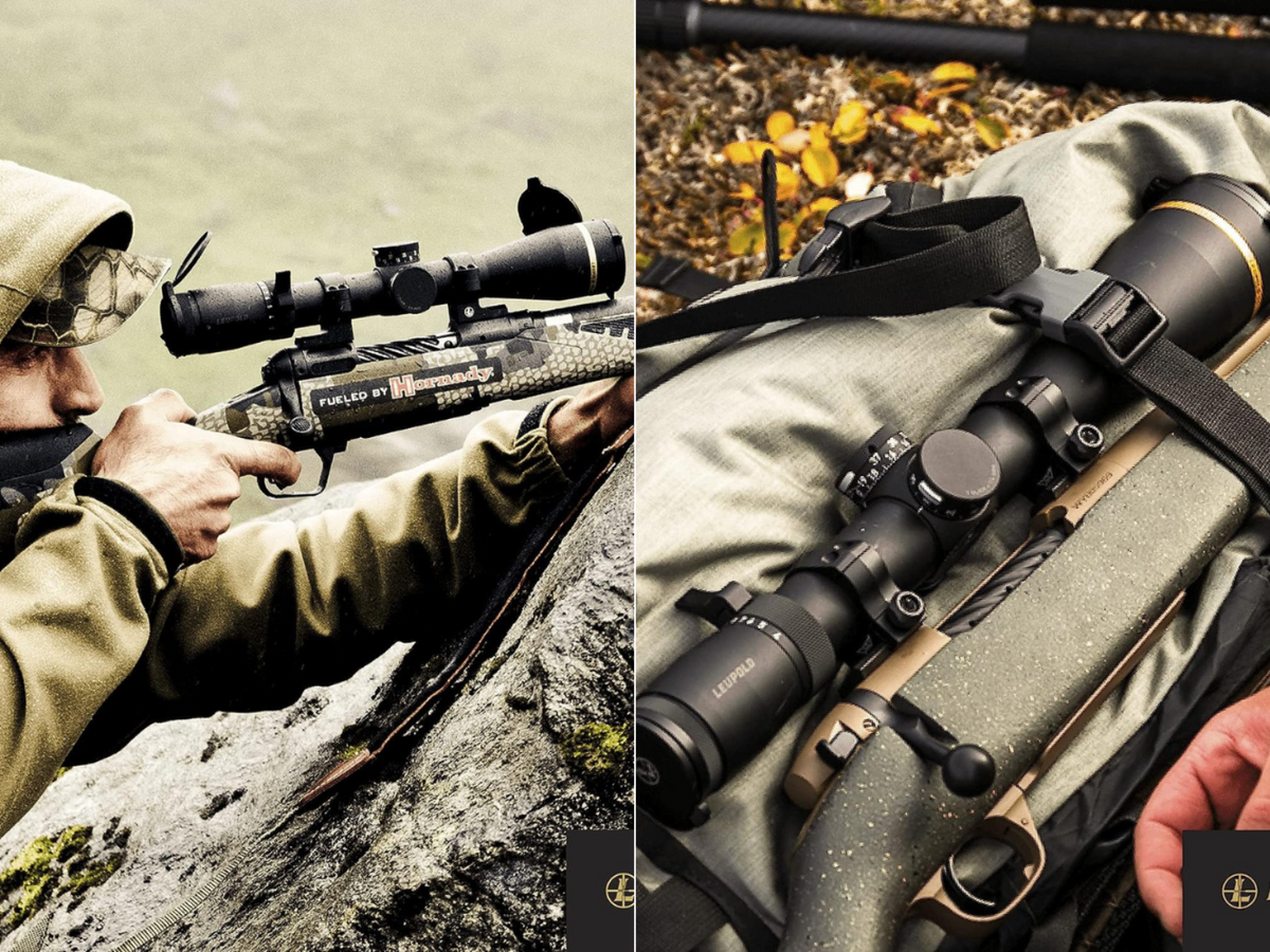 A man shooting his Mark 6 from a rock resting point and another mounted on a rifle in a carry pack for the trip.