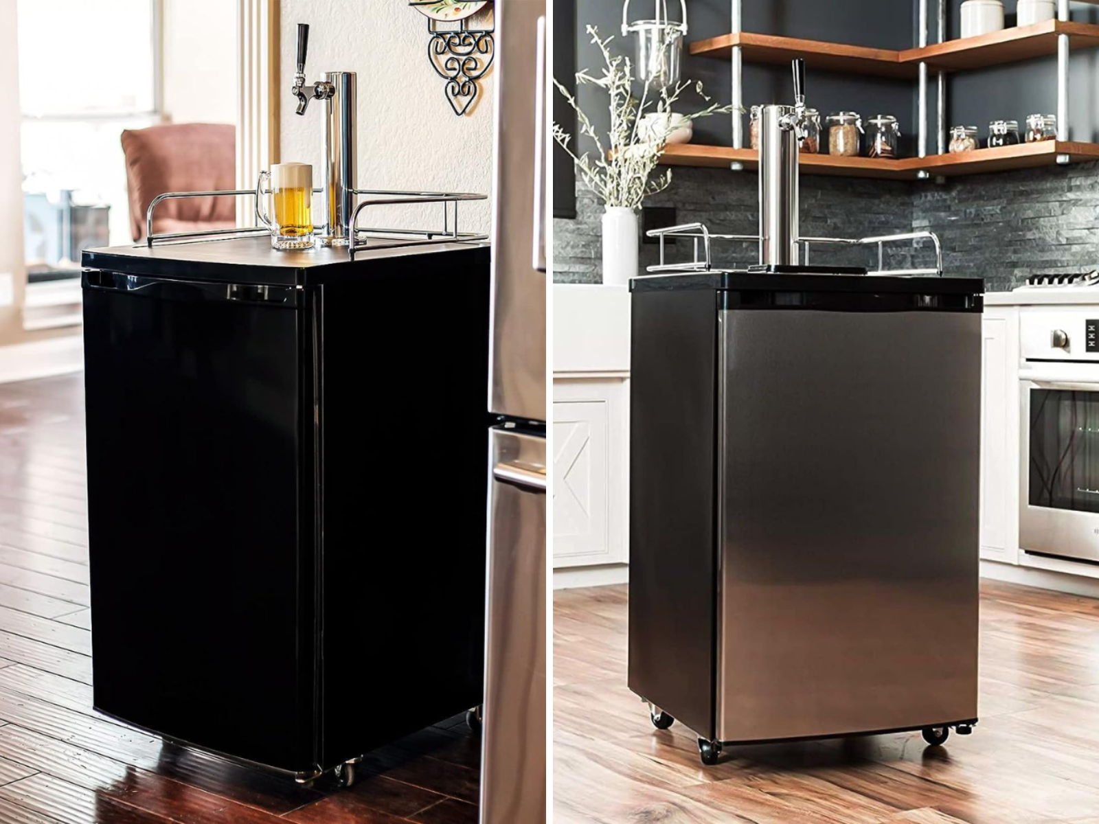 A black kegerator in a family room and a stainless steel kegerator in a kitchen, both on wheels.