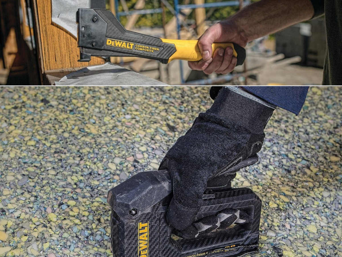 A man stapling down carpet padding, and a DeWalt staple gun being used in construction.