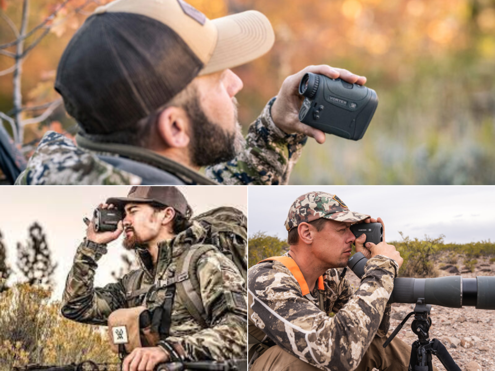 A man holding a rangefinder, a man ranging while holding a bow, and a man ranging over his spotting scope.