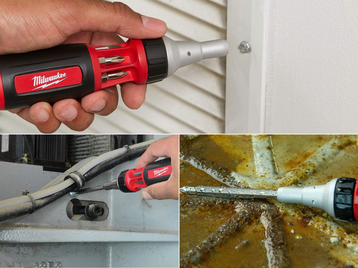 A screwdriver laying in some water, a man tightening a line, and a man fixing his house.