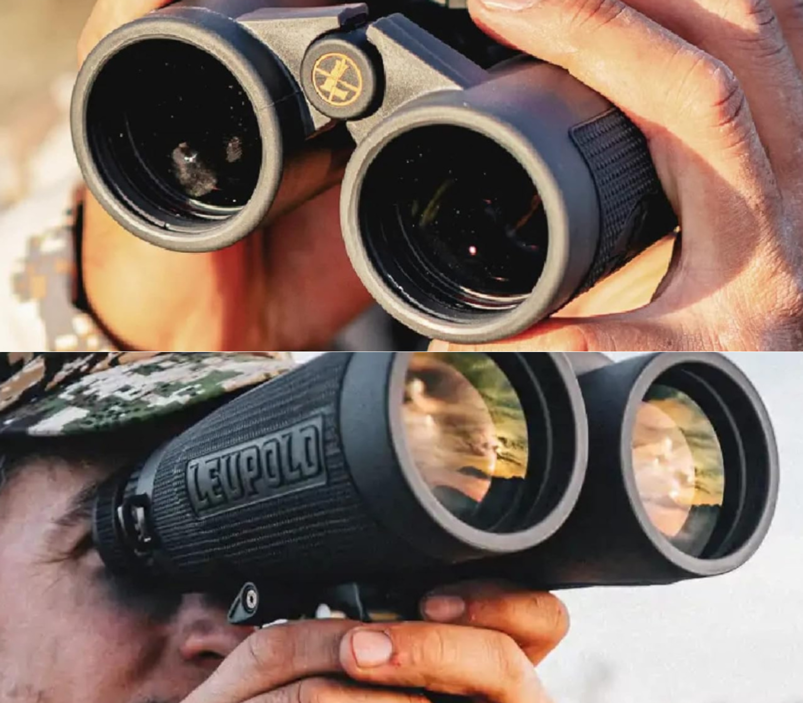 2 pictures of men using Leupold Binoculars