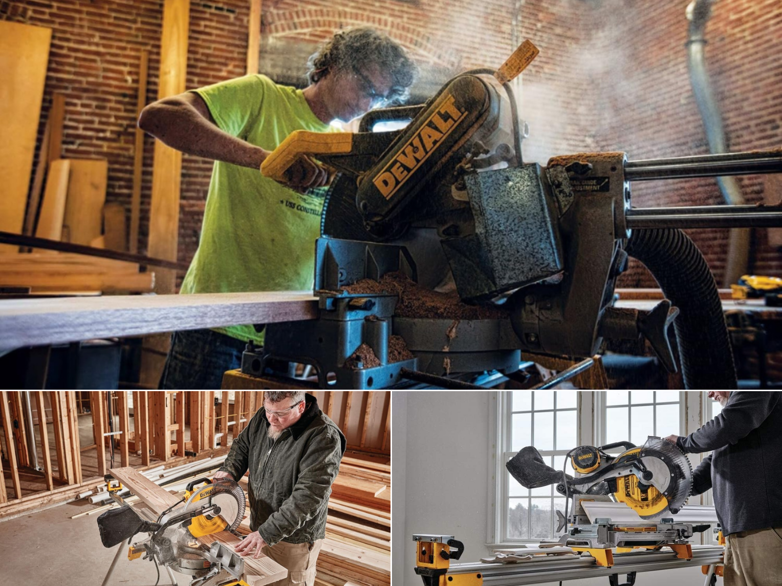 3 pictures of different scenarios with men using DeWalt's Saws 