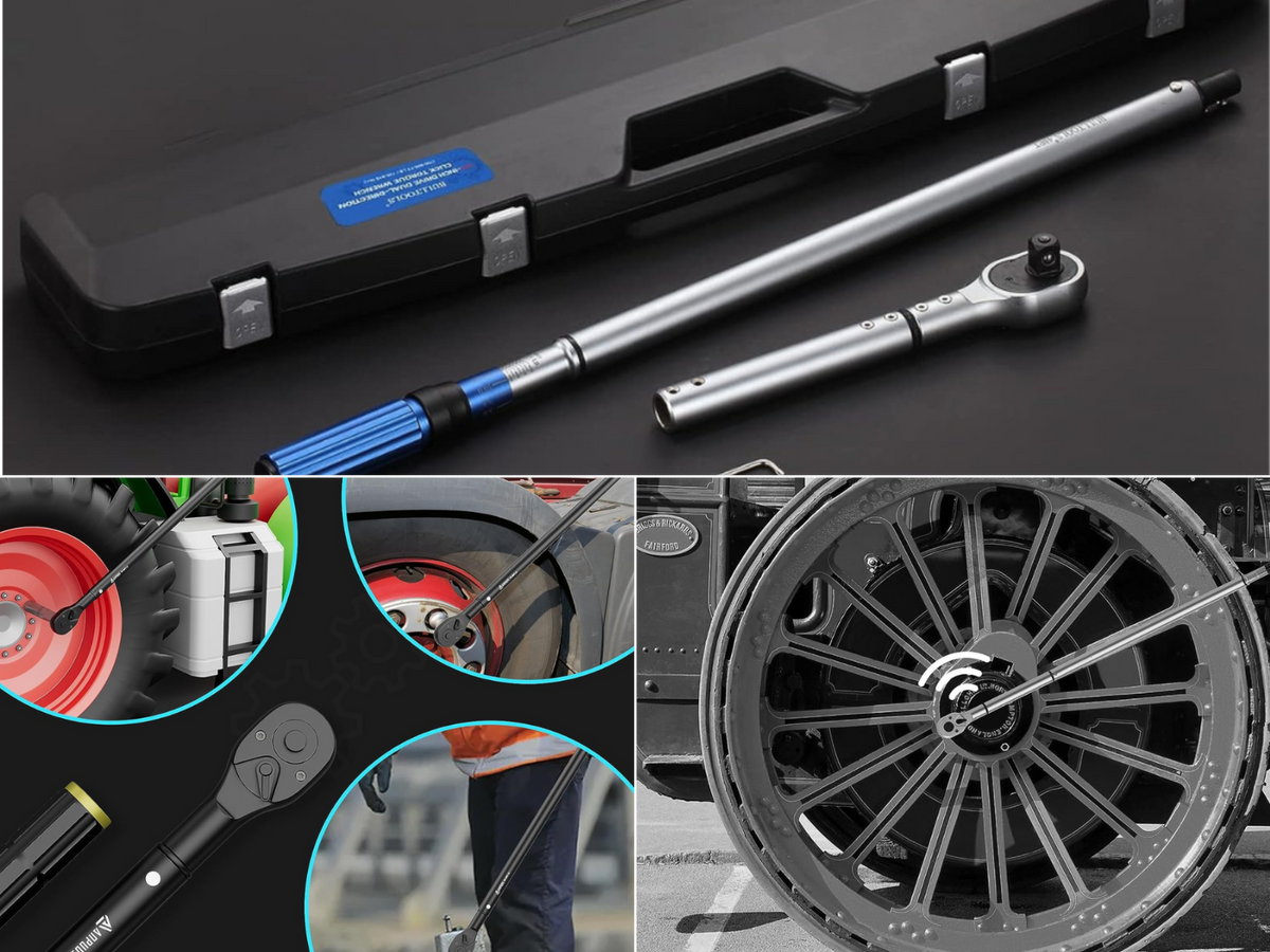 A 3/4 torque wrench kit, a picture showing 3 applications for the torque wrench, and a picture using one to tighten a wheel.