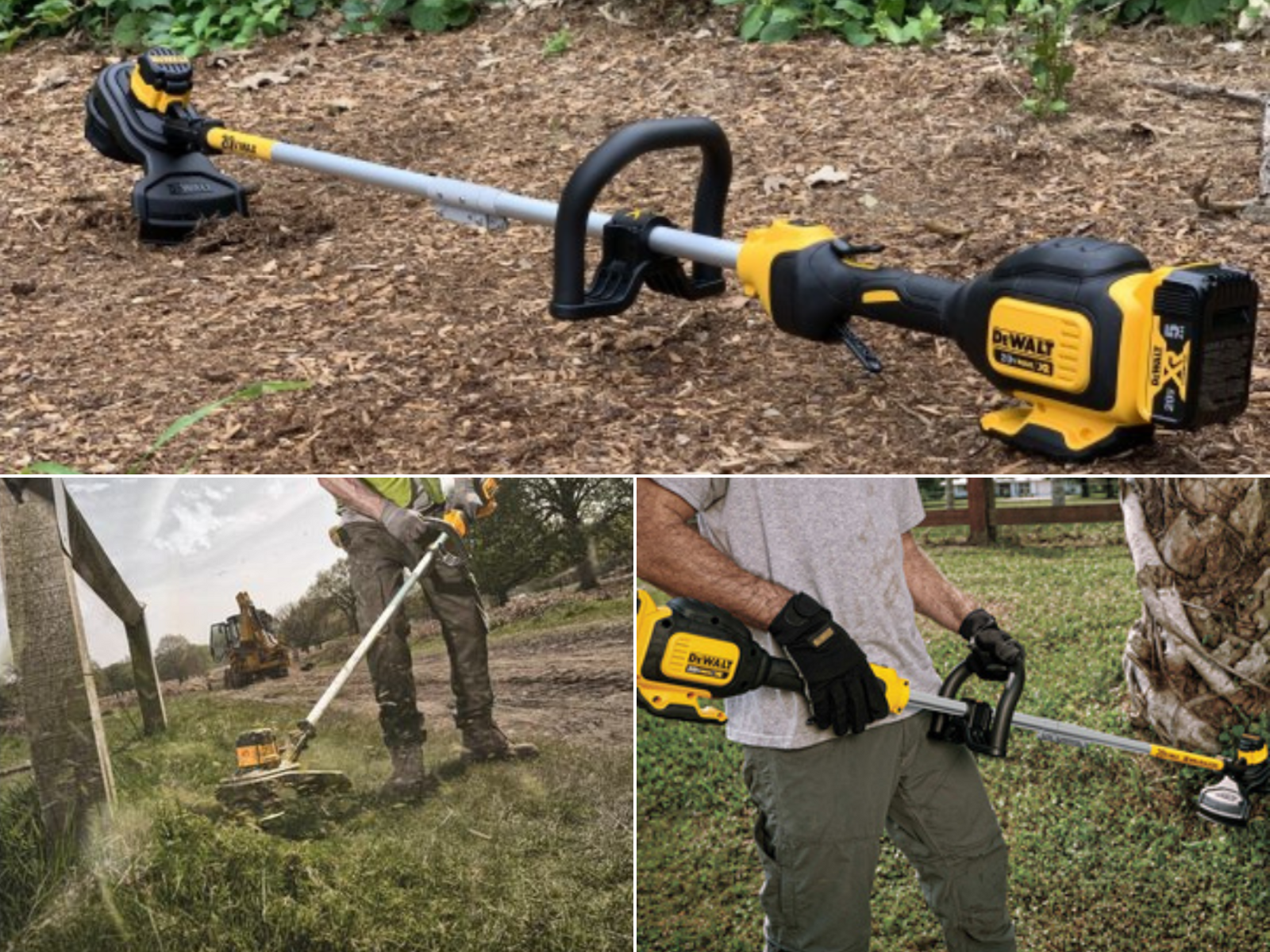 A DeWalt 20v string trimmer being used on a fence and around a tree, and trimmer sitting on the ground.