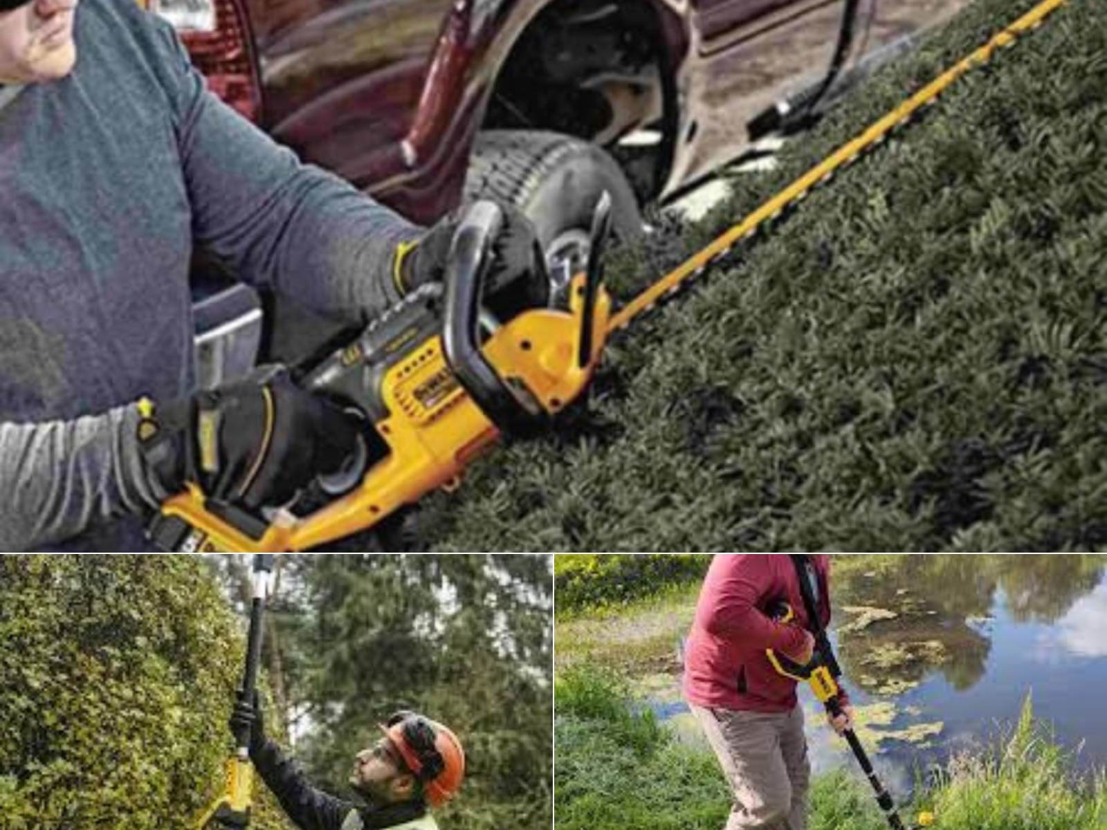 A man trimming hedges, another using a pole saw to trim a hedge fence, and one trimming around a pond.