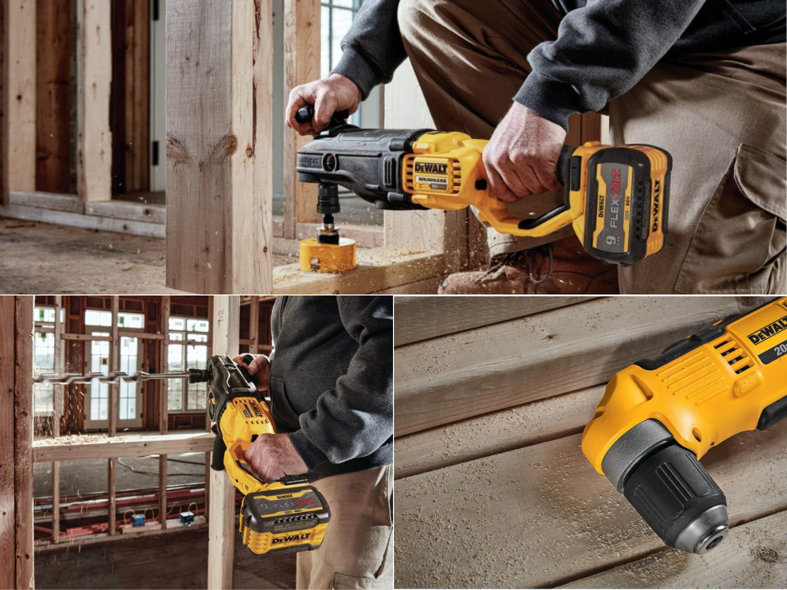 A man using the drill to bore both vertically and horizontally with the DeWalt it's like reaching around the corner.