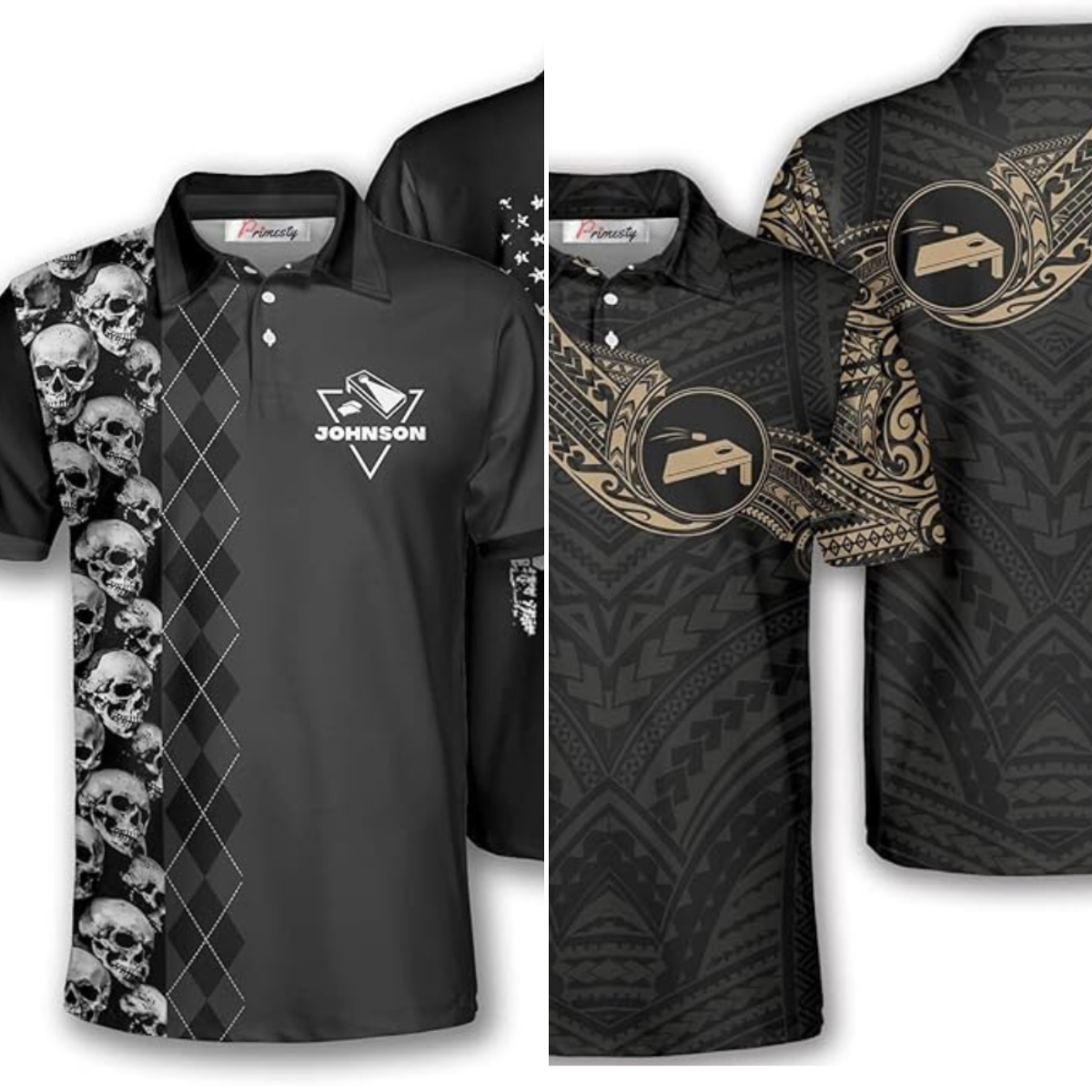 A black jersey with skulls on the right side, a black and a gold tribal design jersey.