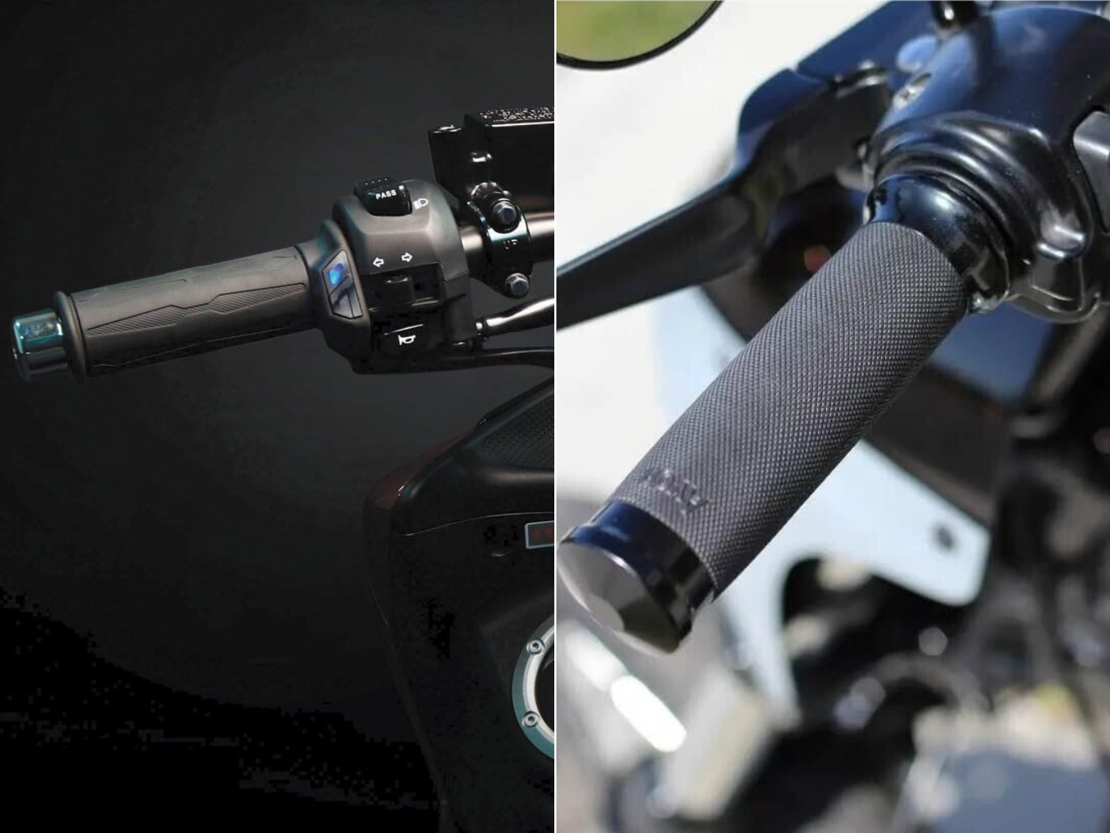 2 pictures on heated Harley grips on handlebars