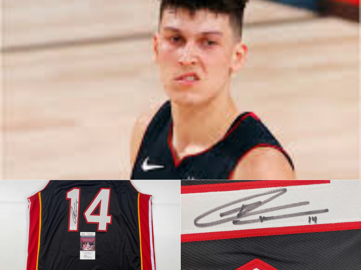 Tyler Herro, an autographed jersey and a close up of his signature with number.