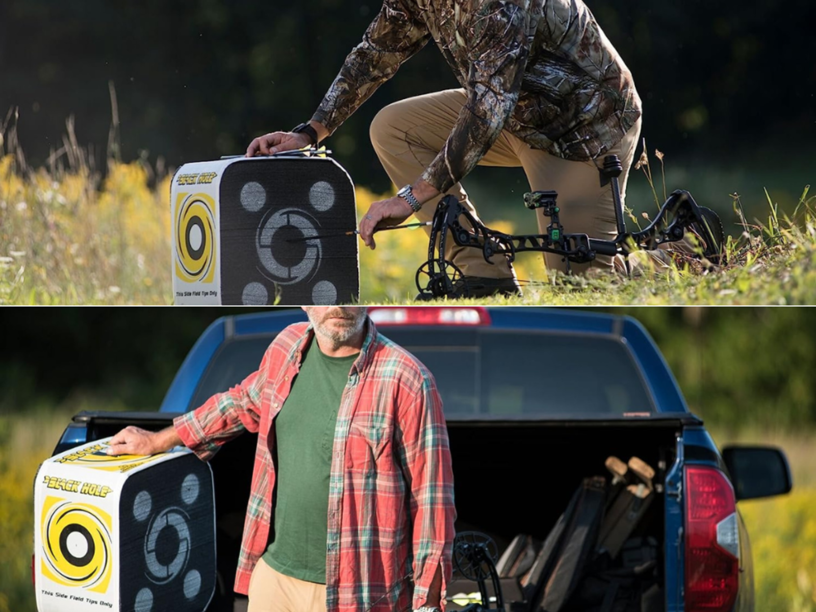 A man is removing an arrow from the archery target, and a man unloading his target from his truck.