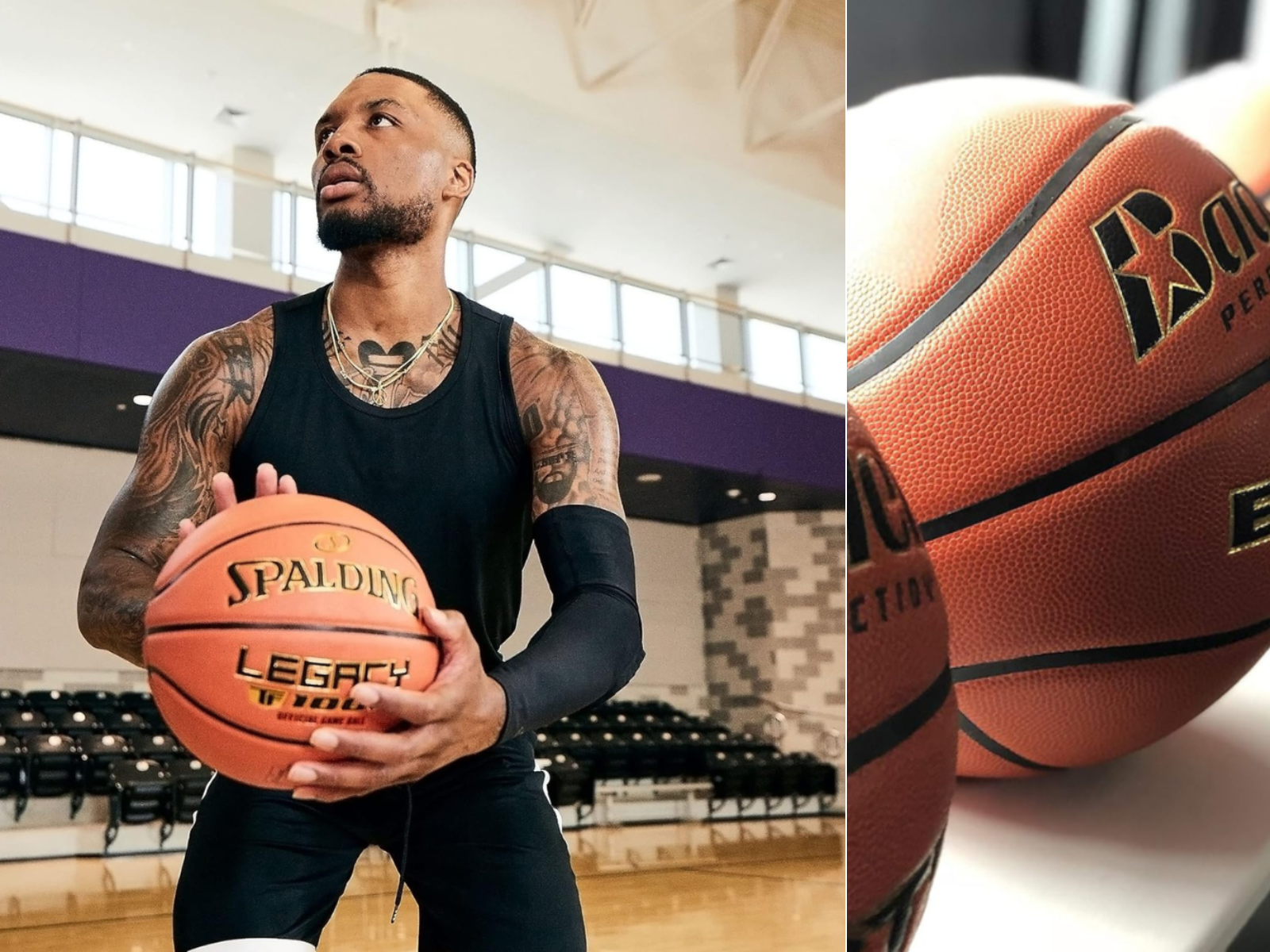 Damian Lillard shooting a Spalding Legacy and a basketball rack with balls.