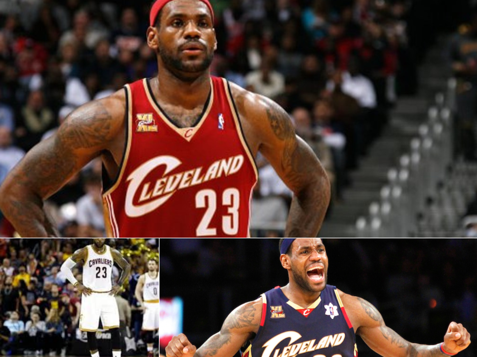 LeBron in 3 pictures wearing different Cavs jerseys.