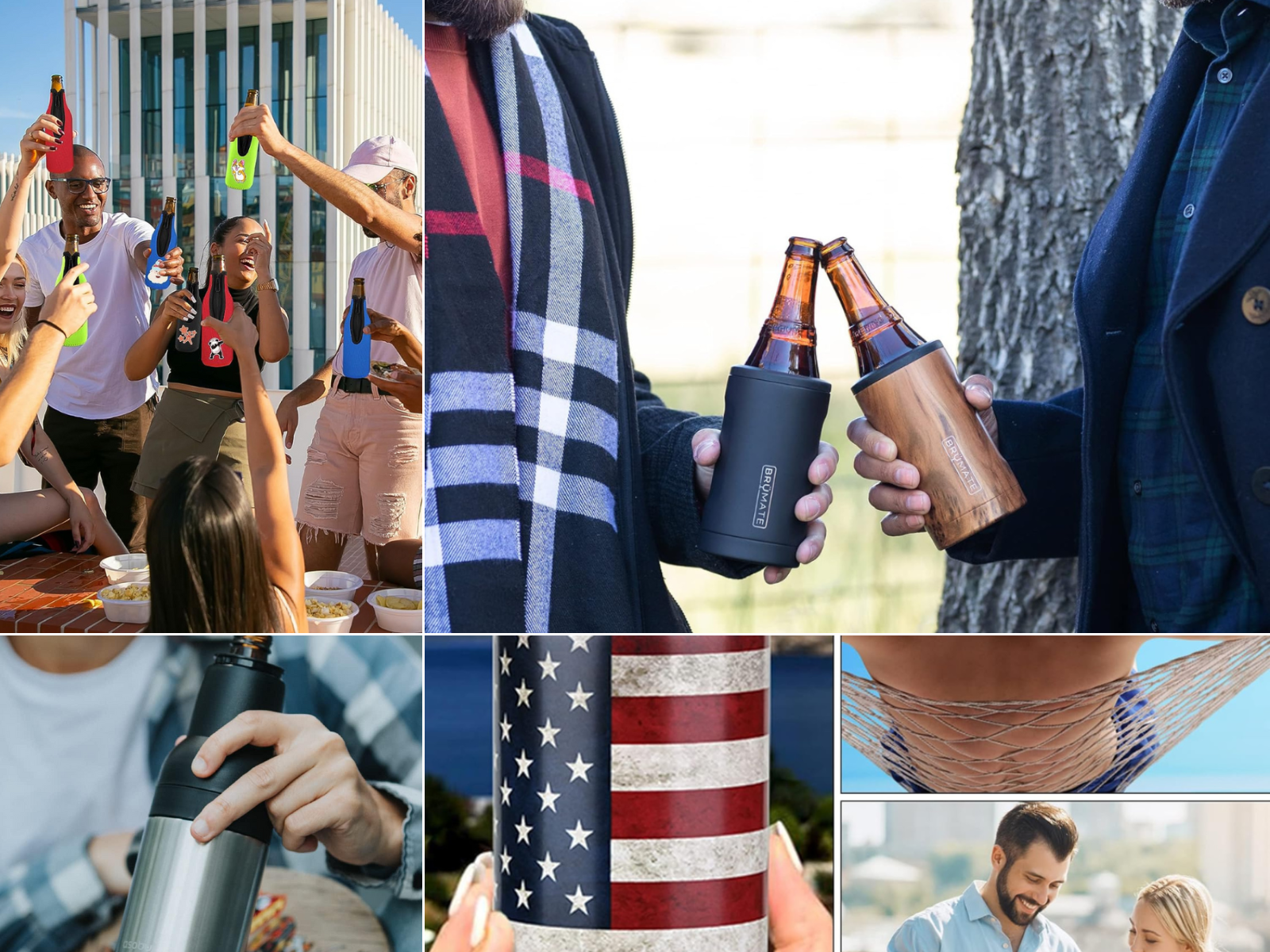 A stainless bottle/can koozie, an American flag koozie, a party with neoprene koozies, and a wood look koozie.