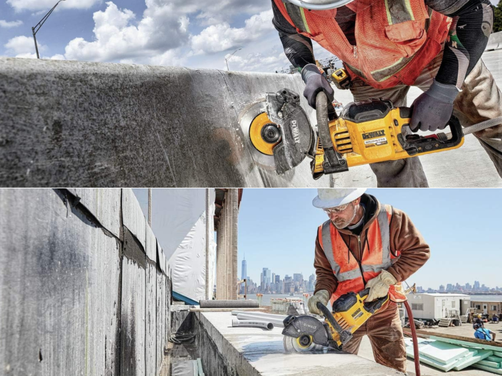A worker cutting concrete horizontally and another working cutting vertically on a concrete wall.