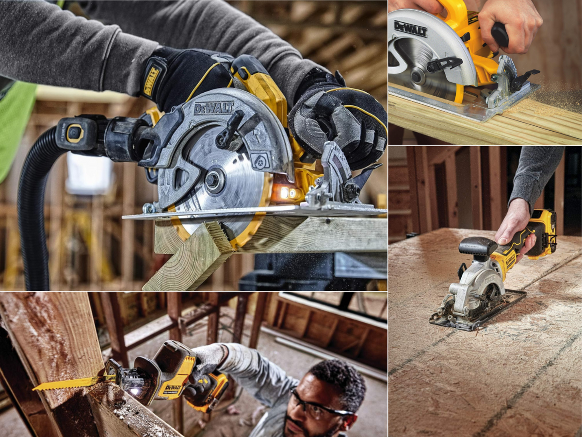 A man using a large circular saw, another using an electric saw, and a another using a 4 1/2" cordless saw.