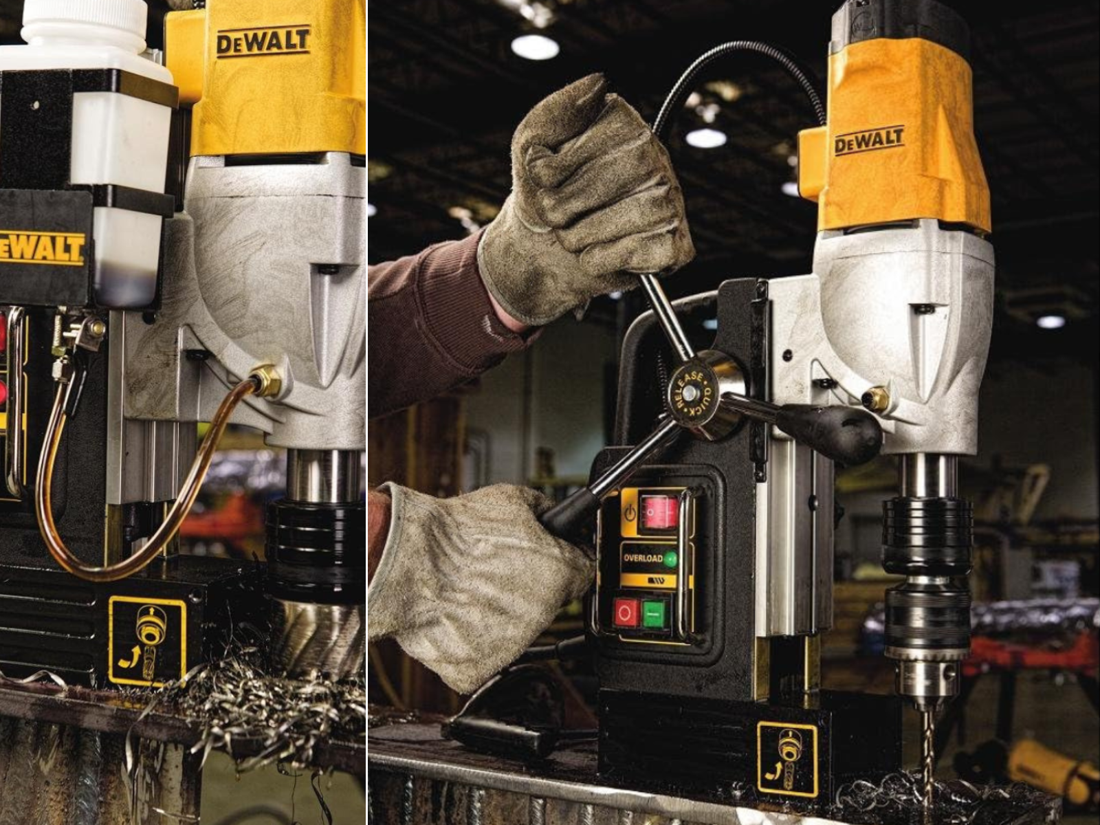 A drill press using for machining large surfaces, and a DeWalt press drilling a hole.