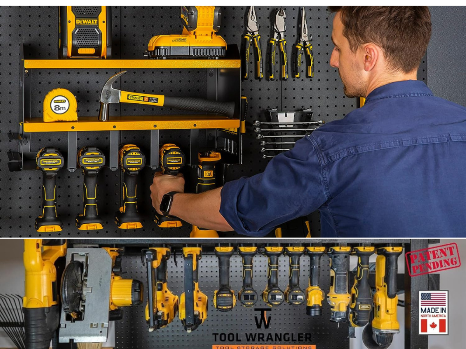 A man removing a tool from a holder and a holder with 12 tools hanging.