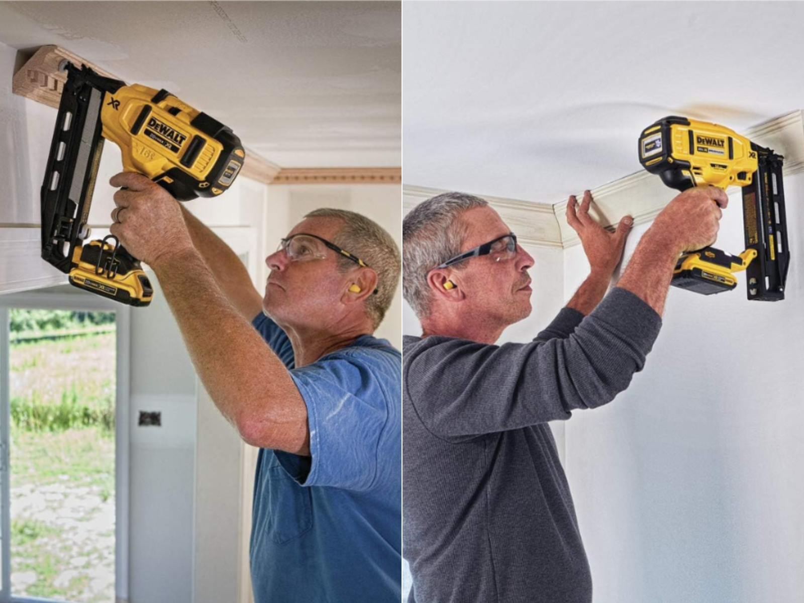 A man in a blue shirt using a framing nailer, and a man in a grey shirt with a straight finish nailer from DeWalt.