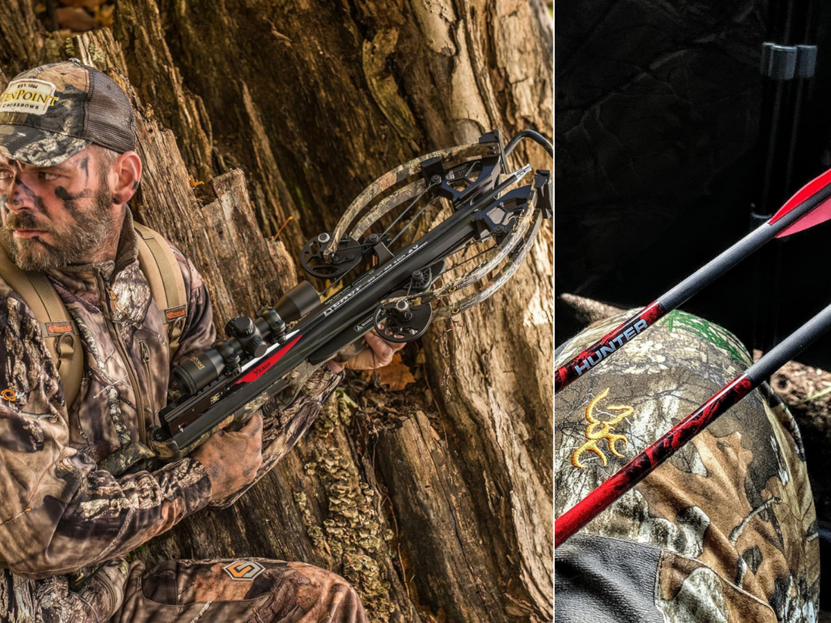 A man in camo with crossbow cocked and loaded next to a tree, and crossbow bolts on a mans leg.