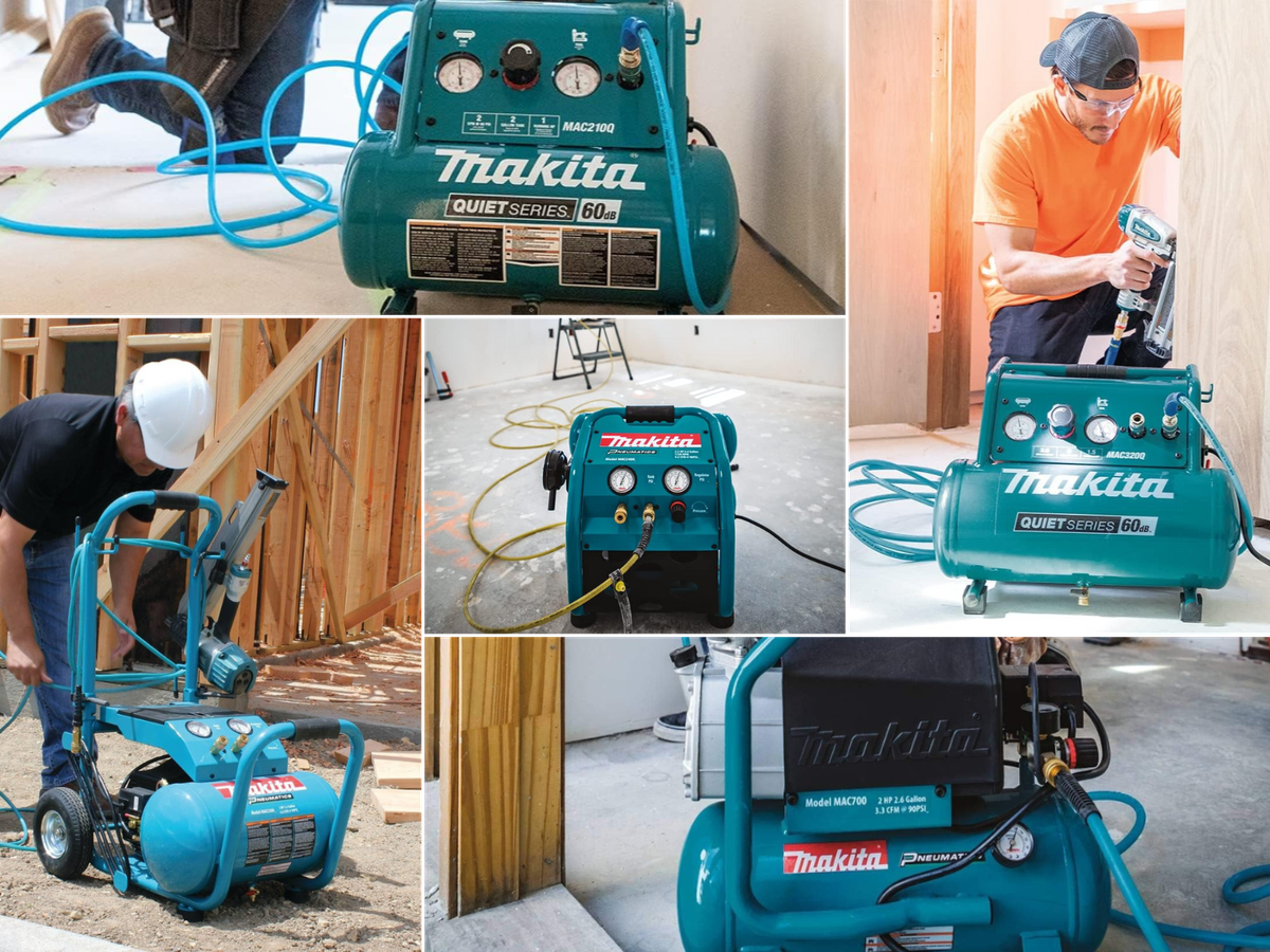 Men using 5 different kinds of Makita compressor for air on job sites.