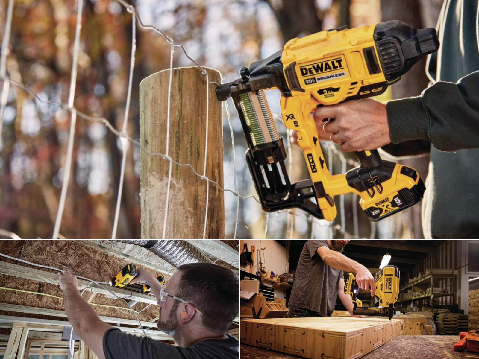 A man fencing with woven wire, a man wiring a building, and a man using a DeWalt cordless stapler on a wood box.