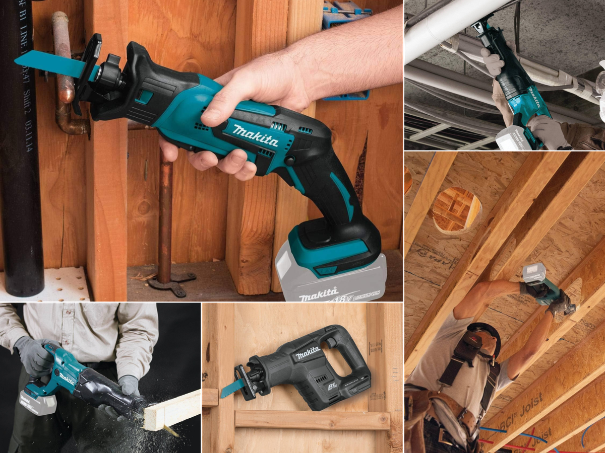 5 pictures of men using cordless sawzalls, the normal sawzall and a mini cordless sawzall, and a 1 handed model.