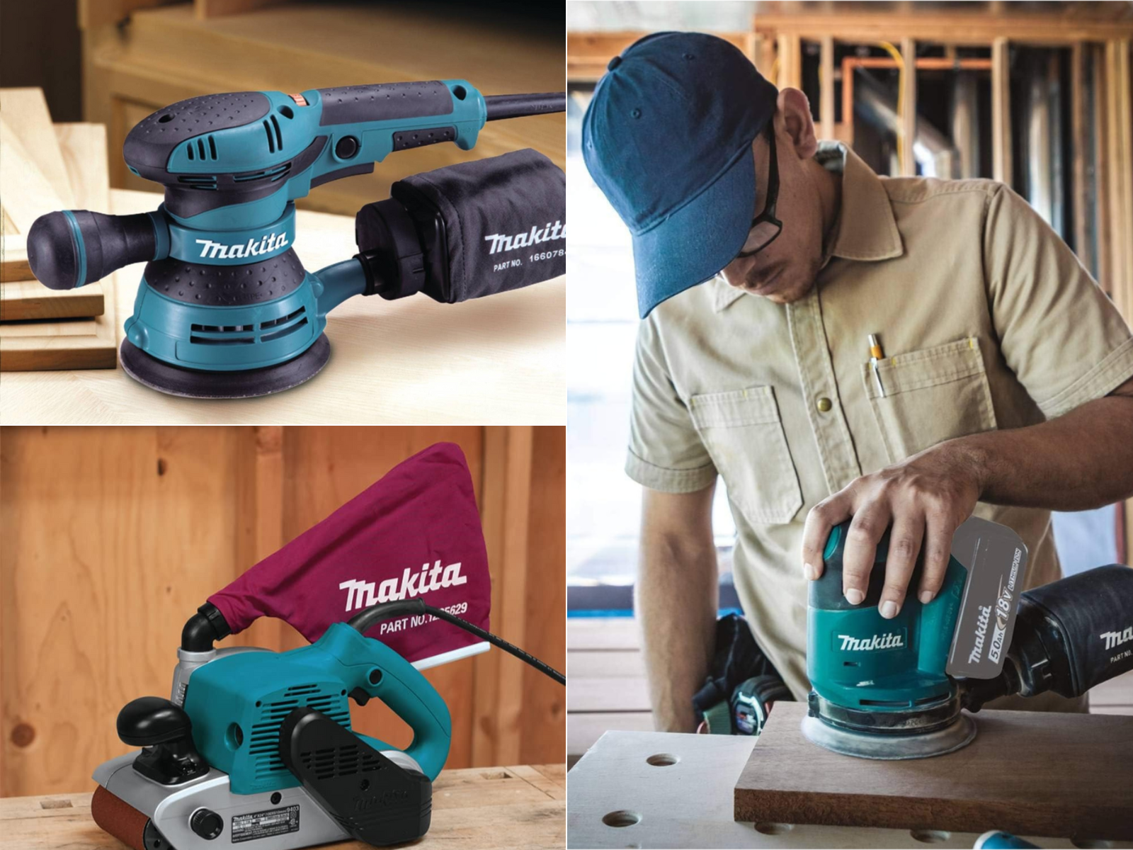 A belt sander sitting on a board, a random orbital sitting on a board, and a man using a Makita dustless sander.