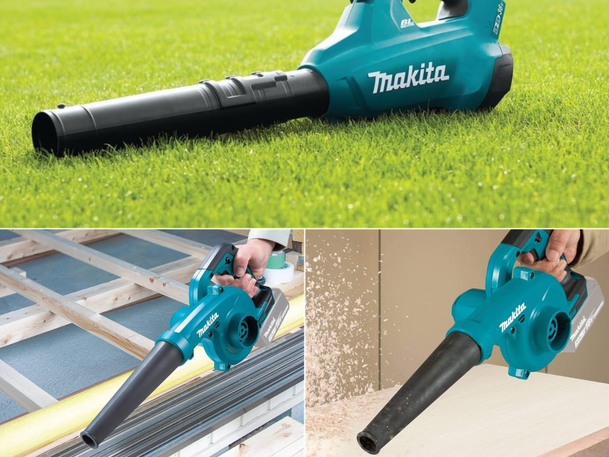 A Makita sitting in grass, a man using blower to clean up job site work 2 different pics of 2 different materials.