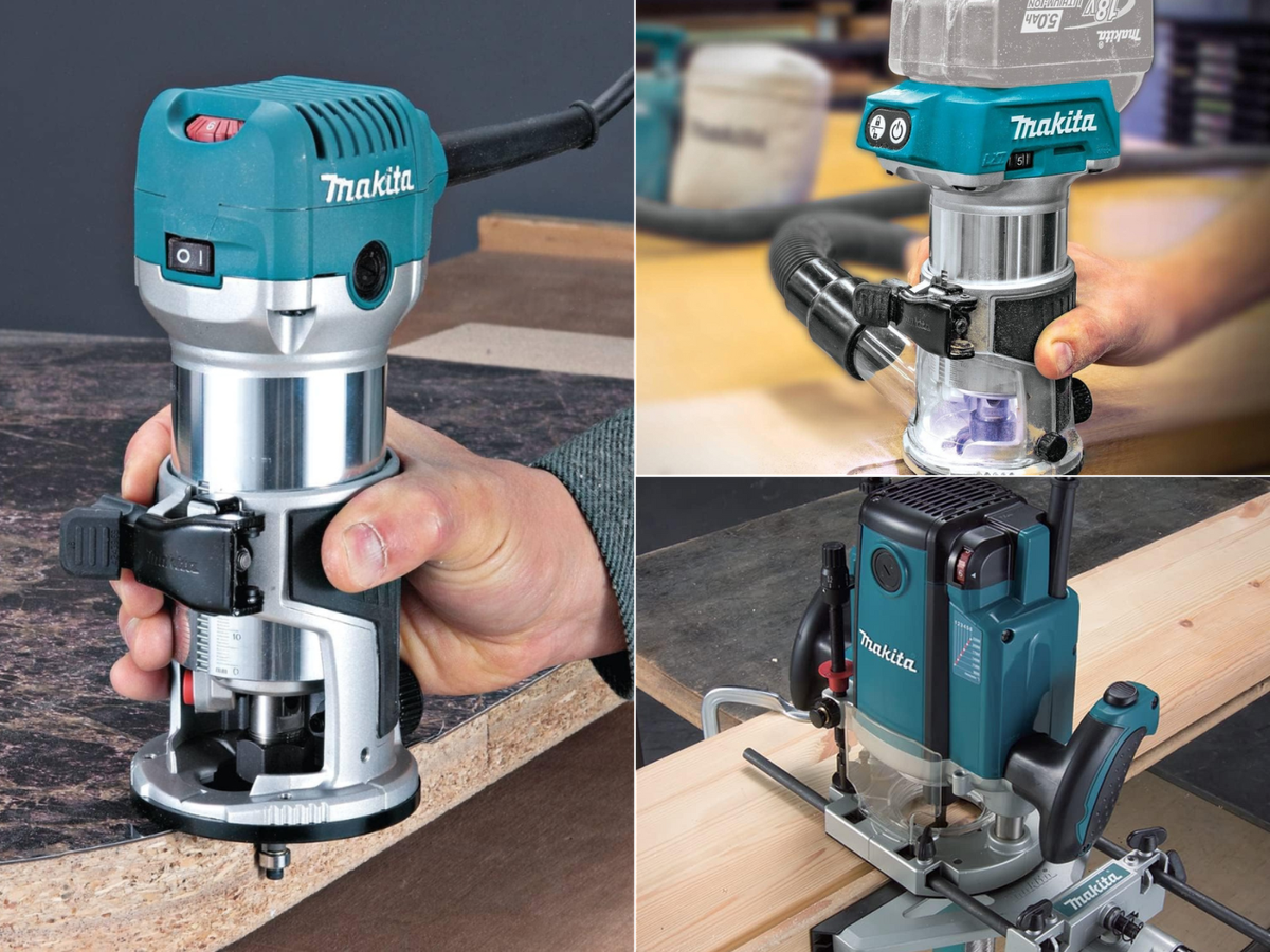 A man using a corded router, another using a cordless router, and a plunge router set up to work.