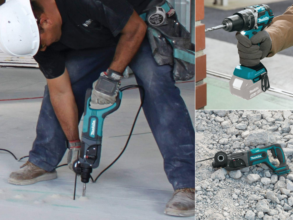 A man drilling in concrete, a man drilling bricks, and a hammer drill displayed on varying size rock.