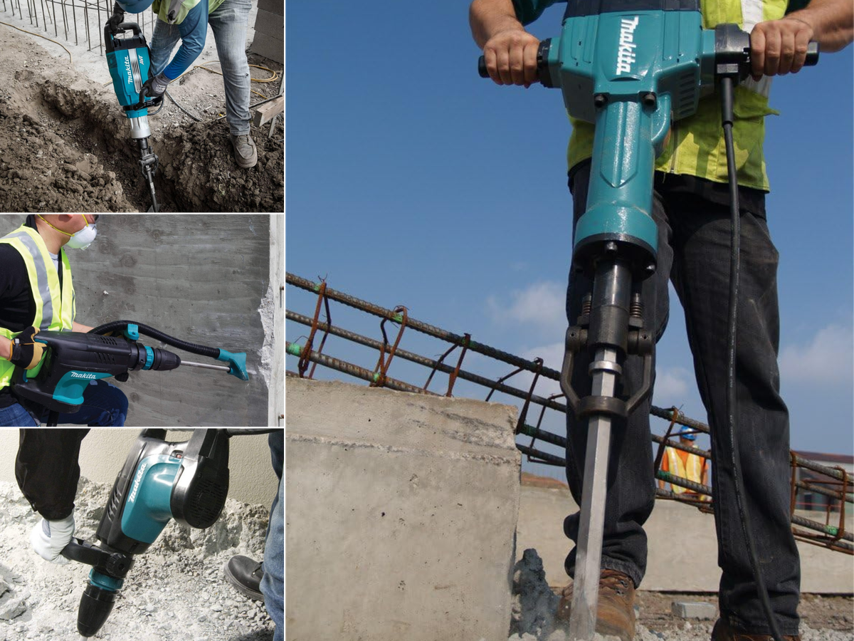 Electric jackhammers running in 4 pictures breaking concrete in a different way in each picture.