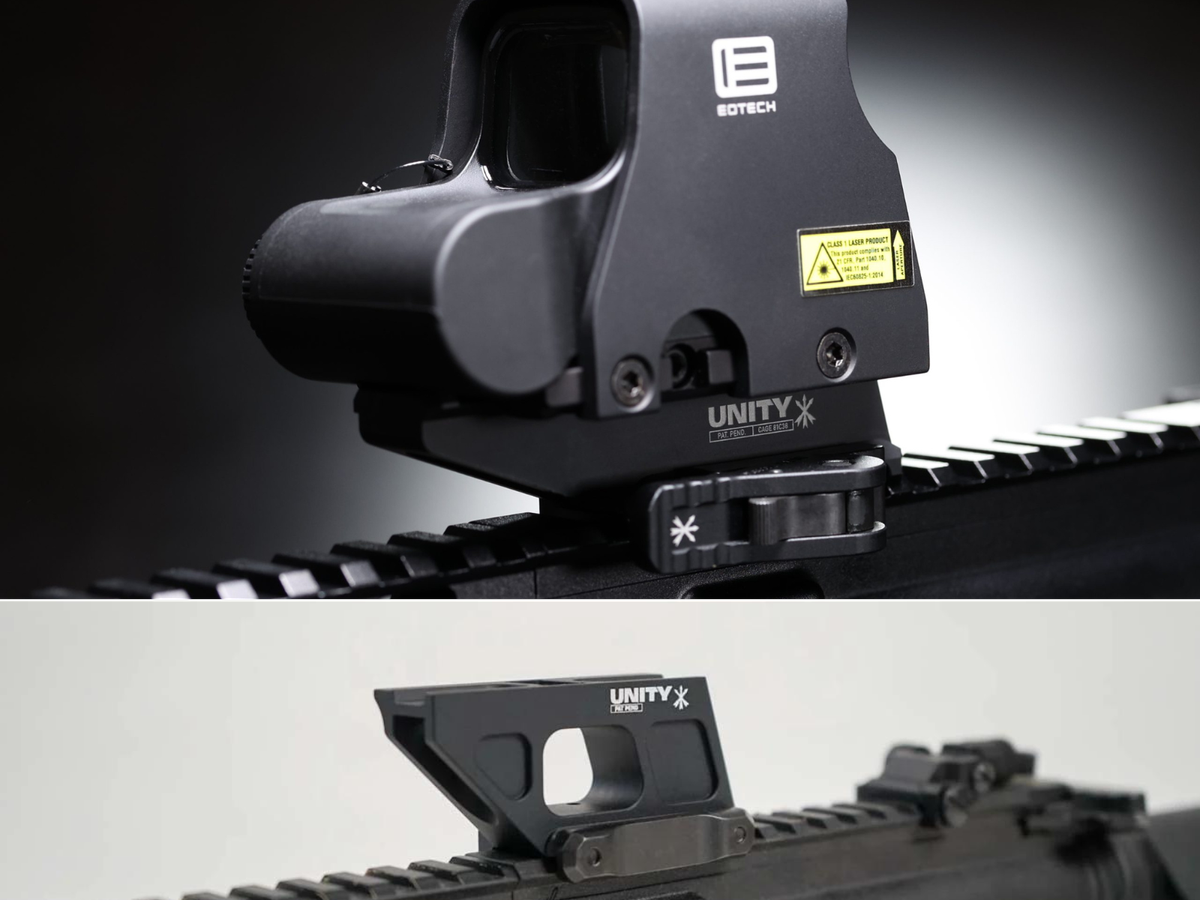 An EO Tech on an Unity Tactical riser mount, and an empty riser mounted on a rifle.