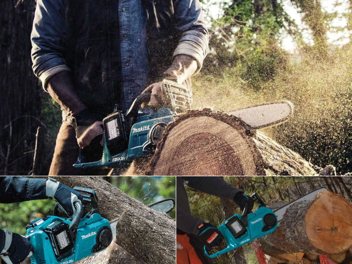 Three pictures of men using Makita battery chainsaws cutting logs of different sizes.