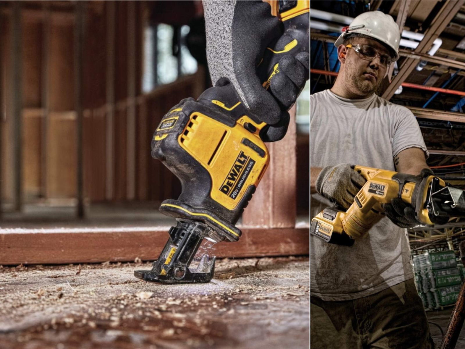 A man using a mini sawzall cutting a floor one handed, and a man cutting square tubing with a mini DeWalt reciprocating saw.