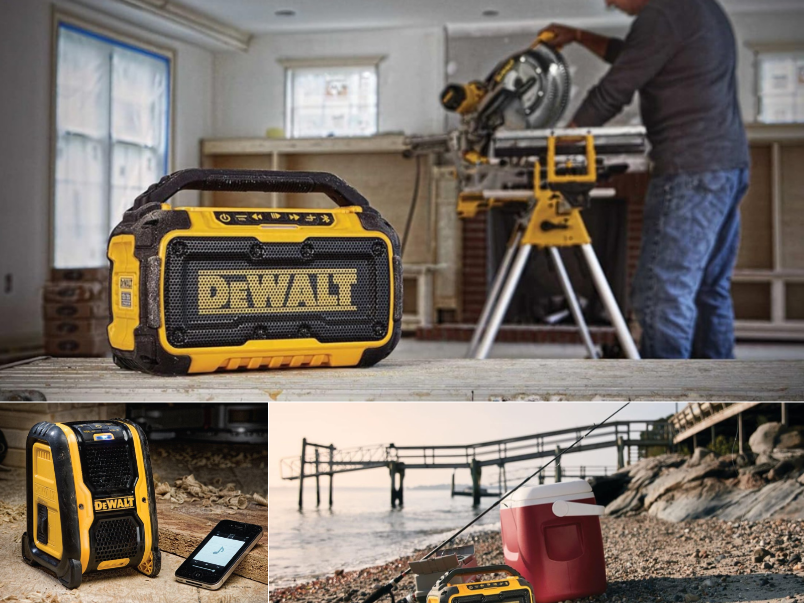 A mini speaker at a construction site, another with a Bluetooth phone connection, and a cooler and fishing gear at the beach.