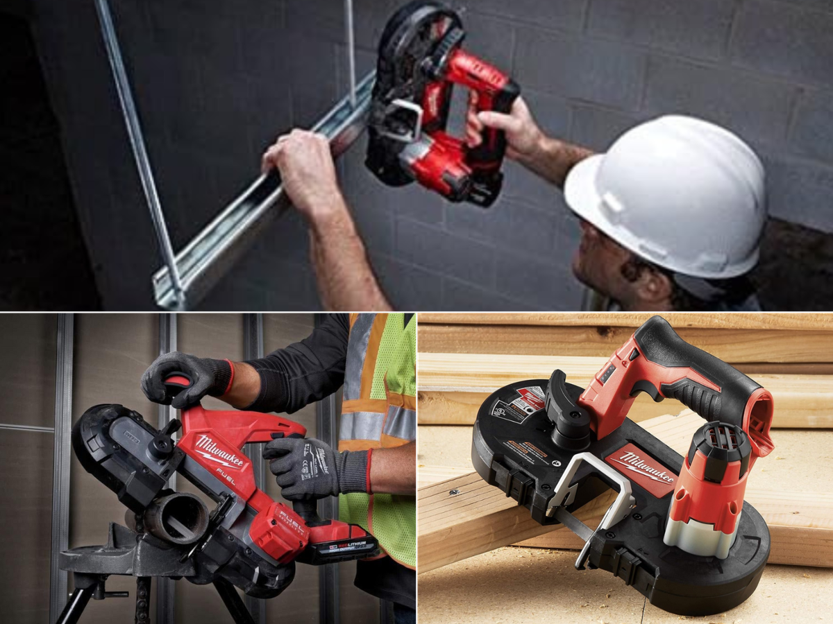 A man cutting a brace, a man cutting a pipe, and a cordless band saw posed on a stack of lumber.